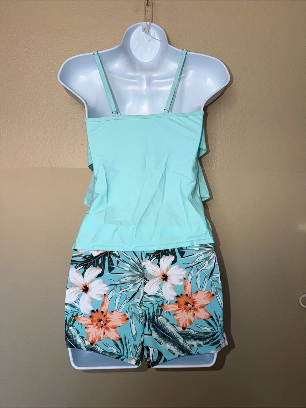 New Girls Turquoise Tiered Ruffle Swim top and shorts bottoms 13-14years